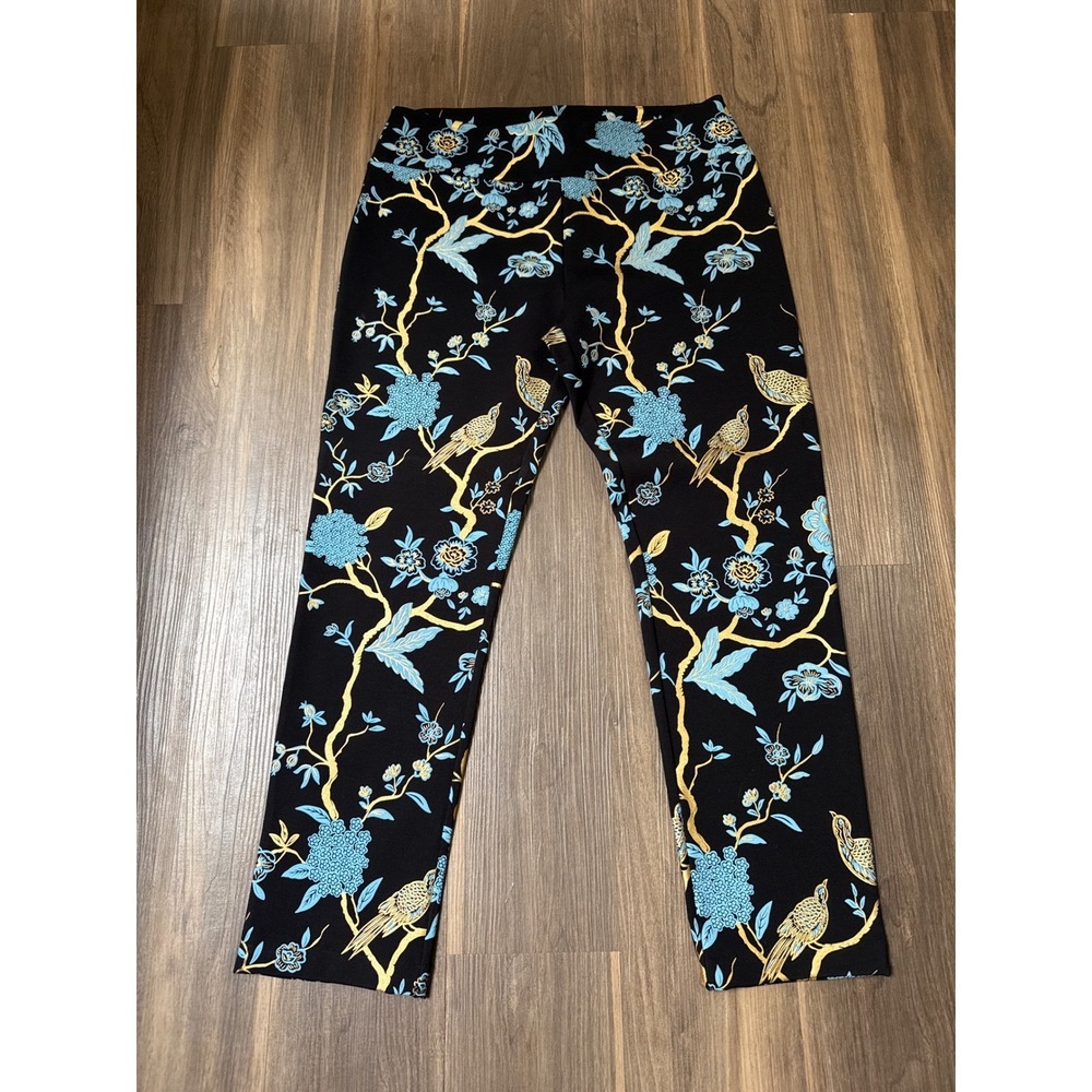 Soft Surroundings Pants Womens PM Black Blue Gold Bird Floral Chinoiserie Ponte‎